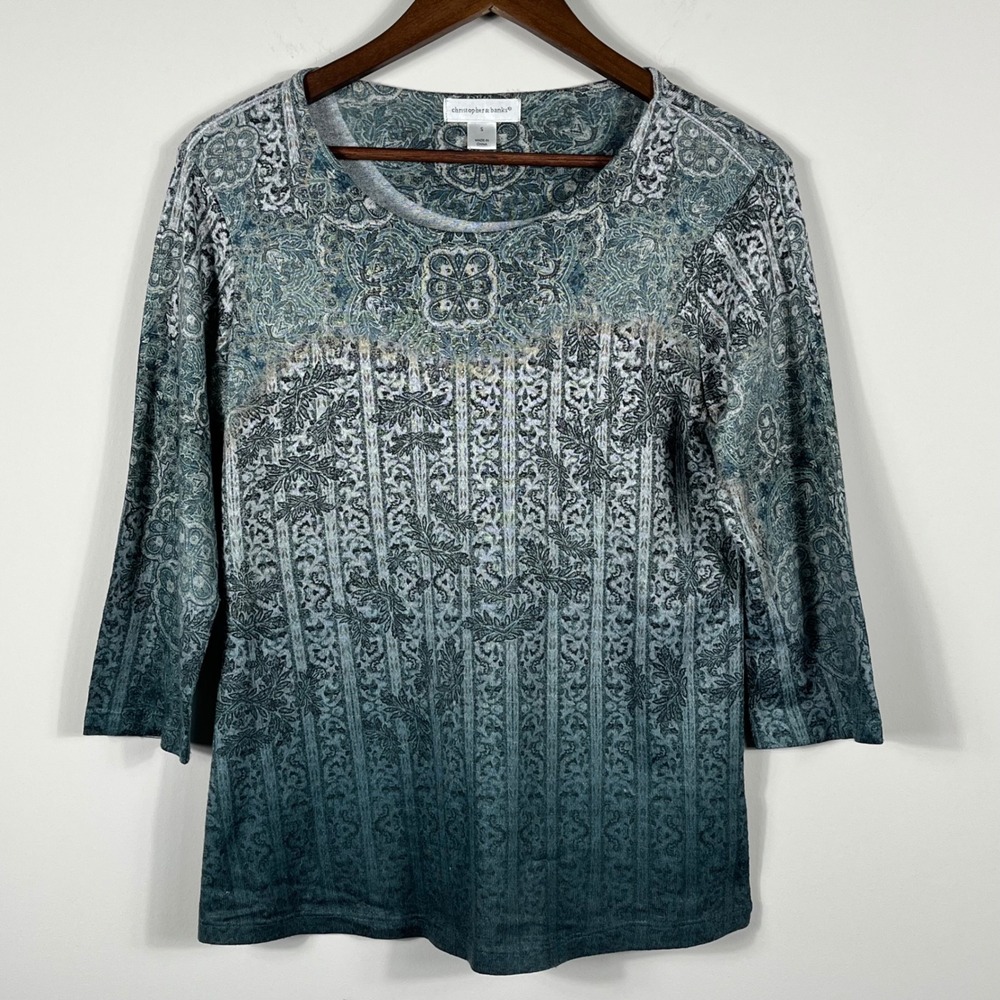 Christopher & Banks Womens Teal Ombre Paisley Rhinestone 3/4 Sleeve Top Small